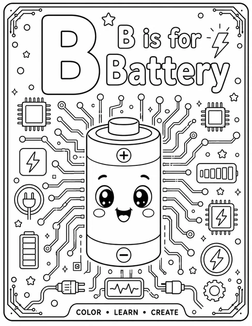 B is for Battery circuit-board technology coloring page