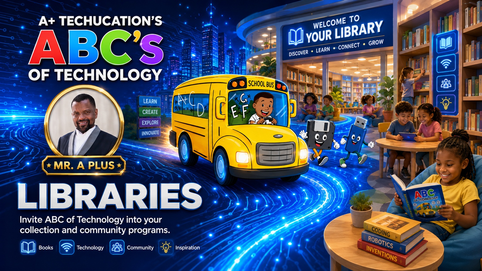 ABC of Technology library adventure with Mr. A Plus, the ABC Tech Bus, Flash Drive and Floppy Disk entering a modern library