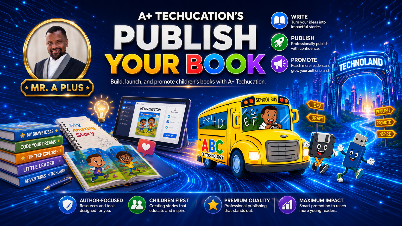 A+ Techucation children's publishing and author launch adventure with Mr. A Plus, the ABC Tech Bus, Flash Drive and Floppy Disk